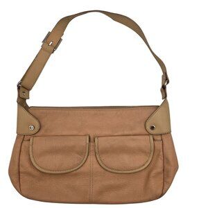 Maxx New York Tan Pebble Leather Shoulder Bag With Front Pockets